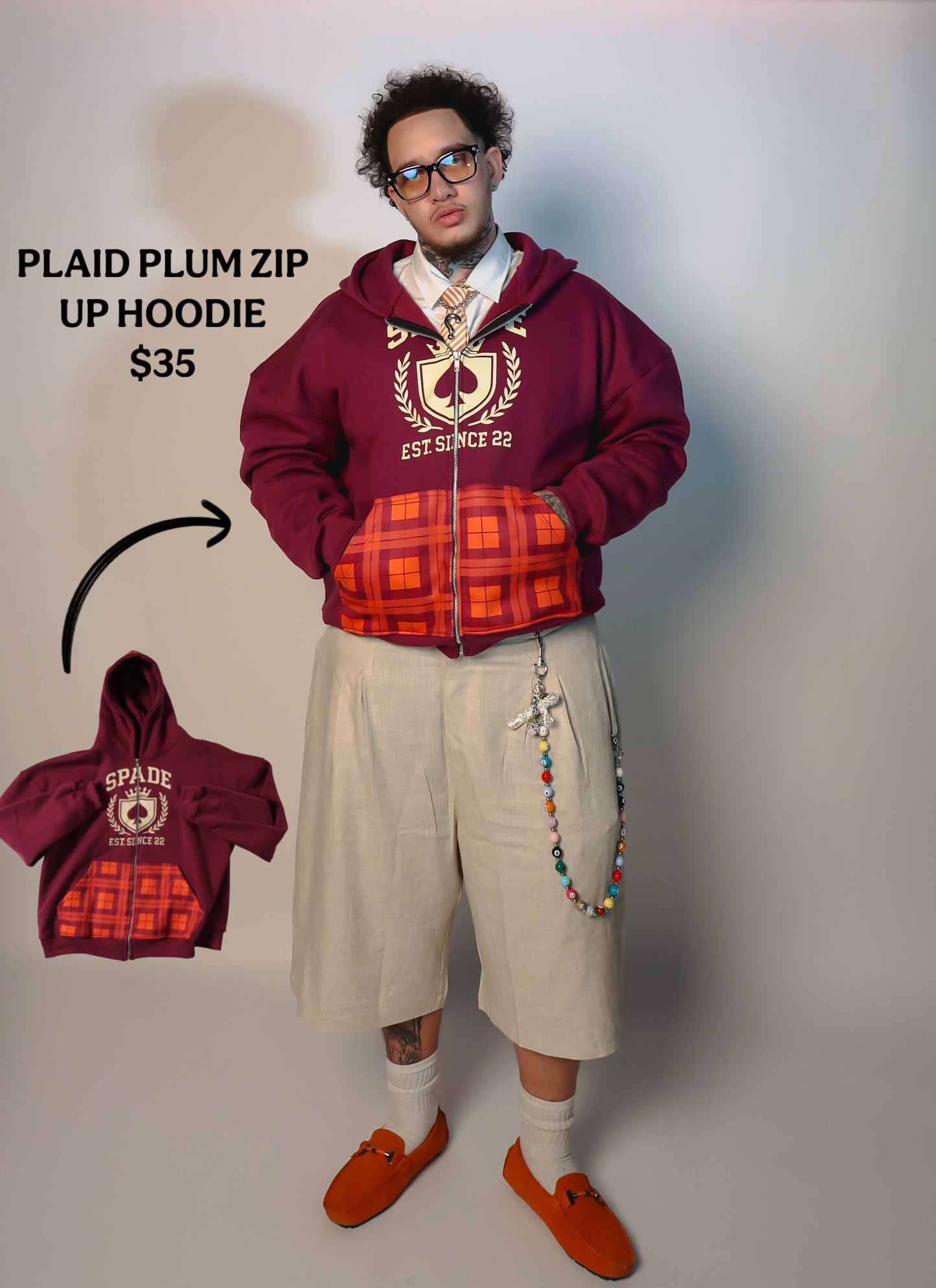 PLAID PLUM ZIP UP HOODIE